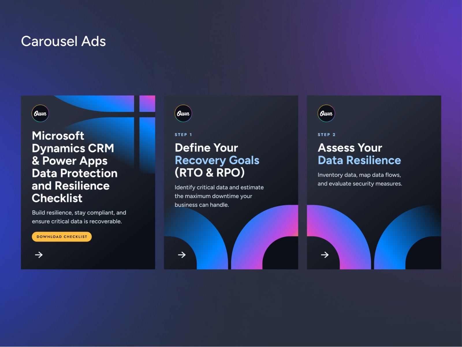 Three carousel ads: checklist, define your recovery goals, assess your data resilience