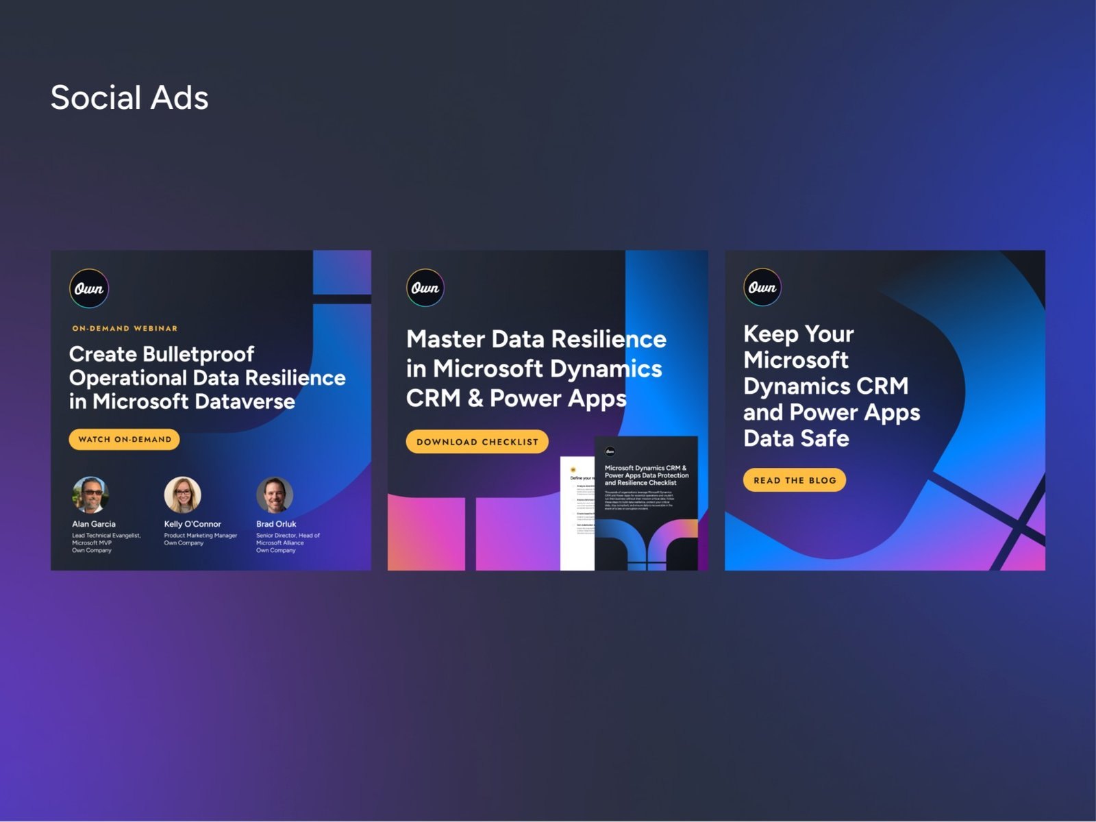 Three social ads for webinar, checklist and blog