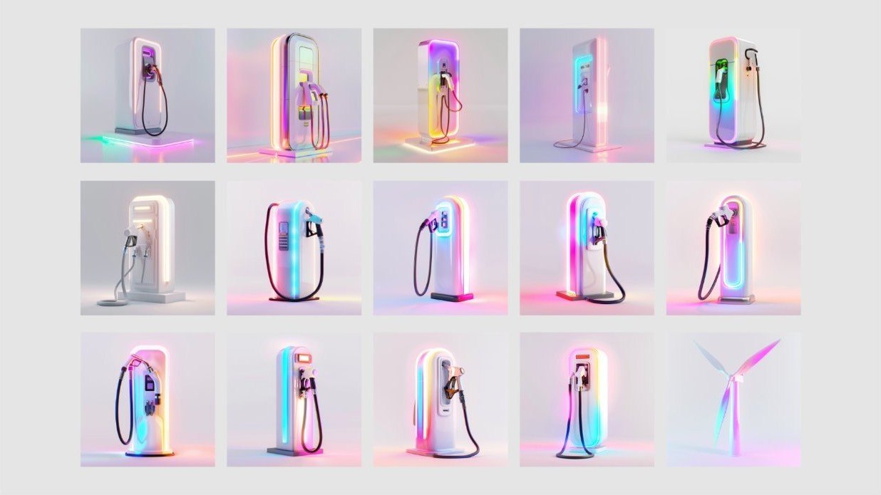 Grid of generative AI glowing fuel pump explorations