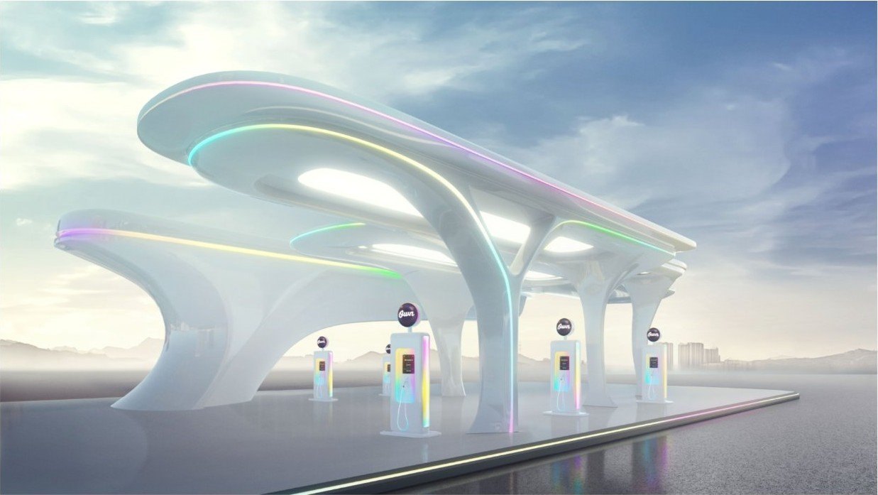 Futuristic white data fueling station with glowing pumps under a dramatic sky