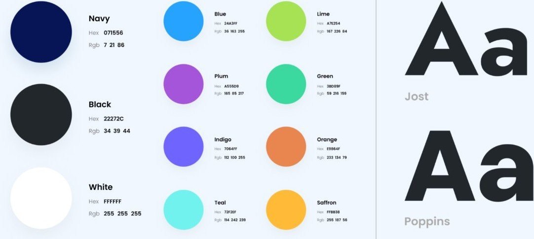 Color palette swatches with Jost and Poppins type specimens