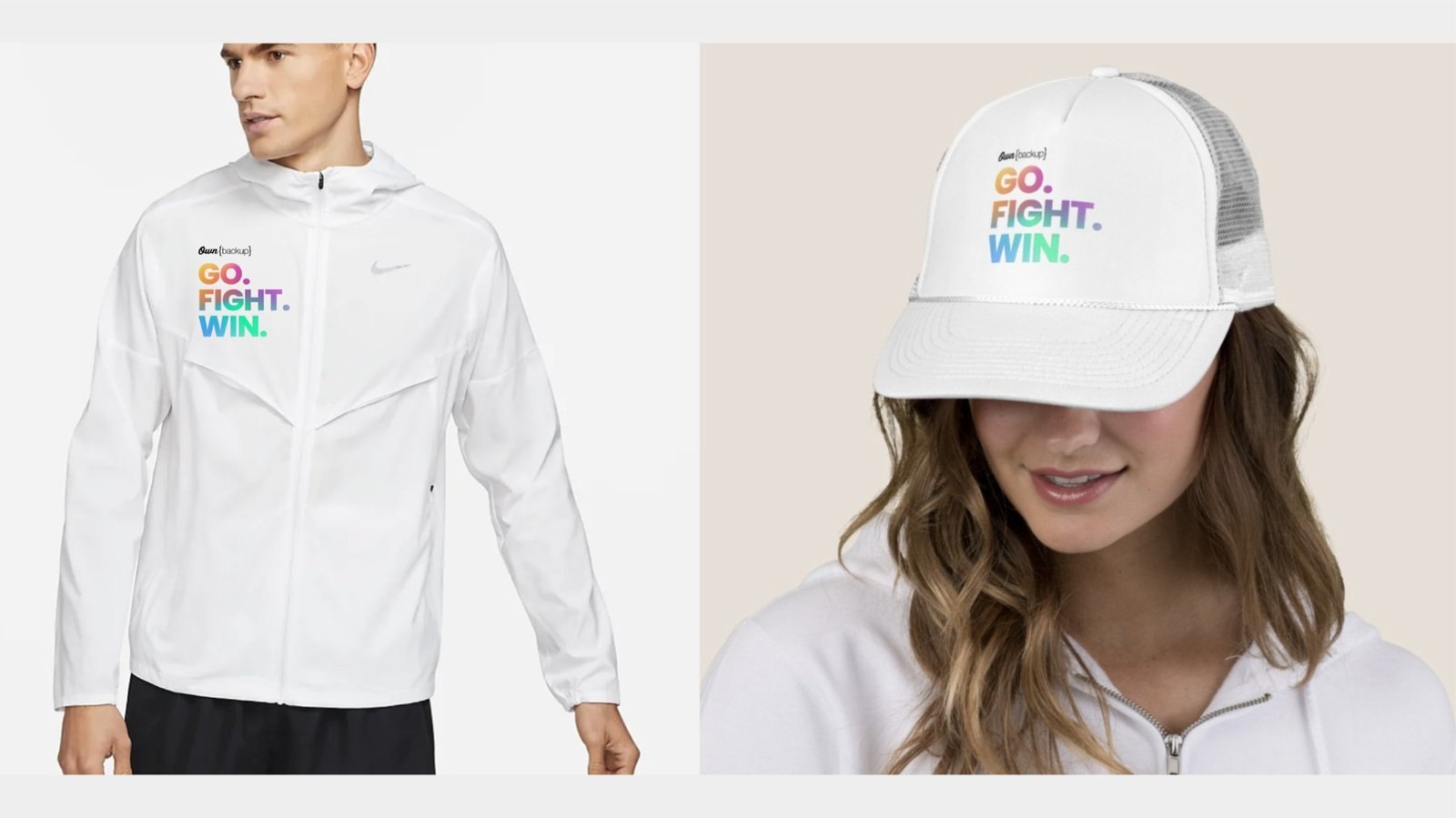 White jacket and cap printed with Go. Fight. Win.