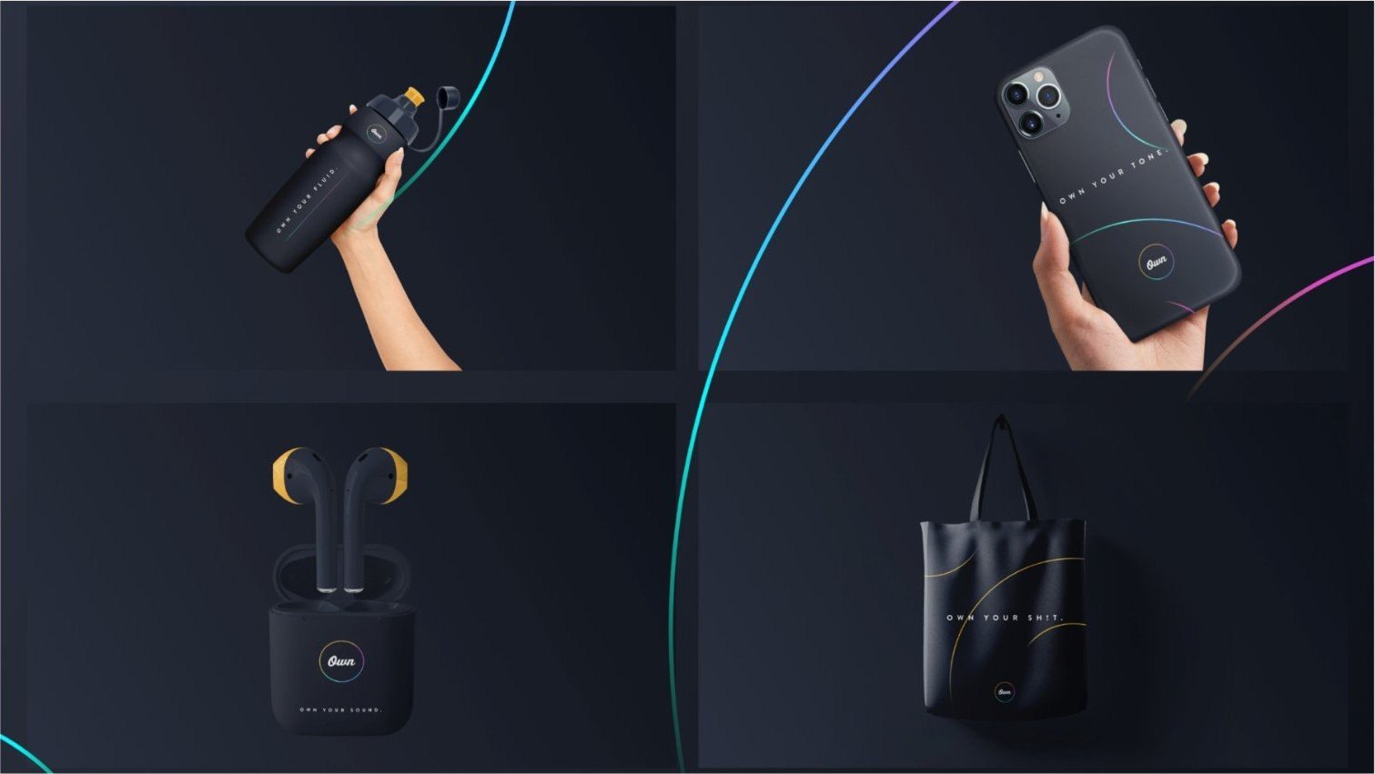 Own branded bottle, phone case, earbuds case and tote