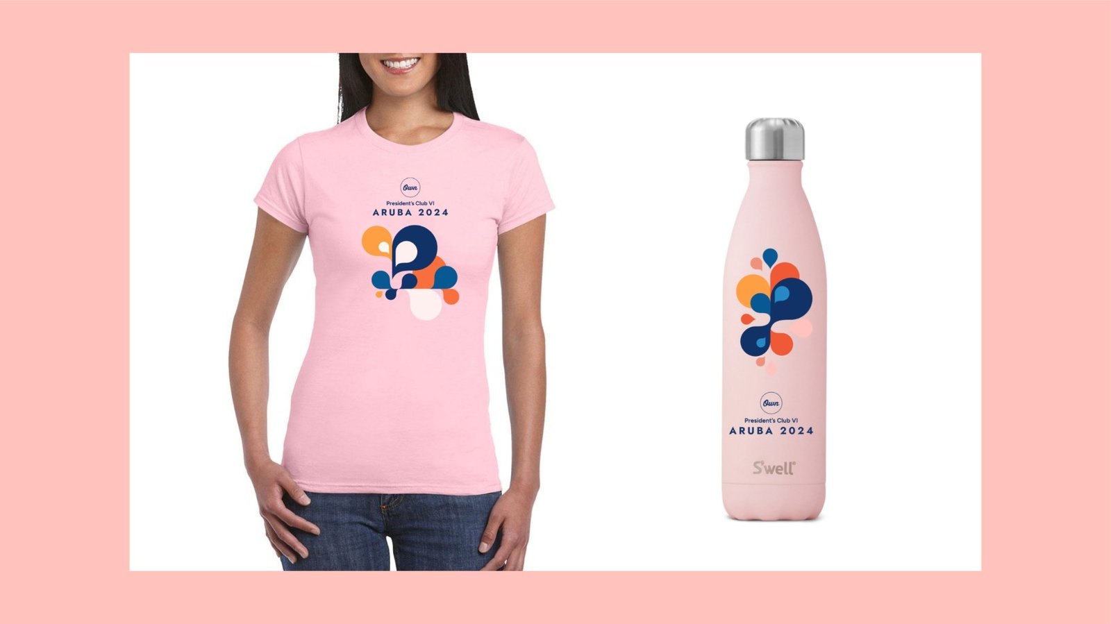 Pink event t-shirt and water bottle with the Aruba 2024 mark