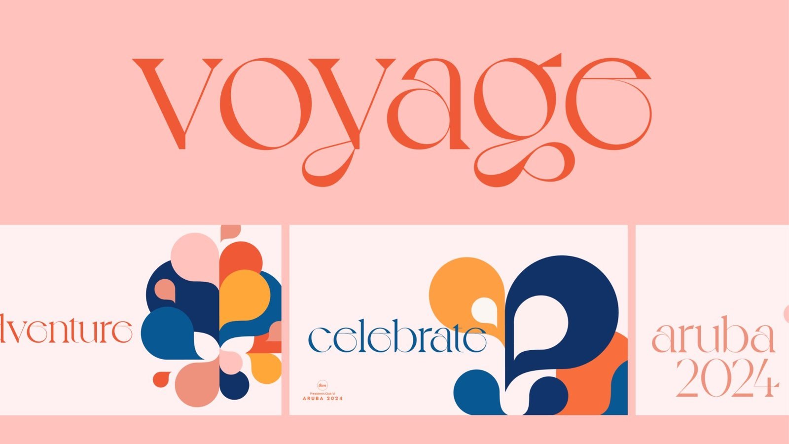 Title slides reading voyage, adventure, celebrate and aruba 2024
