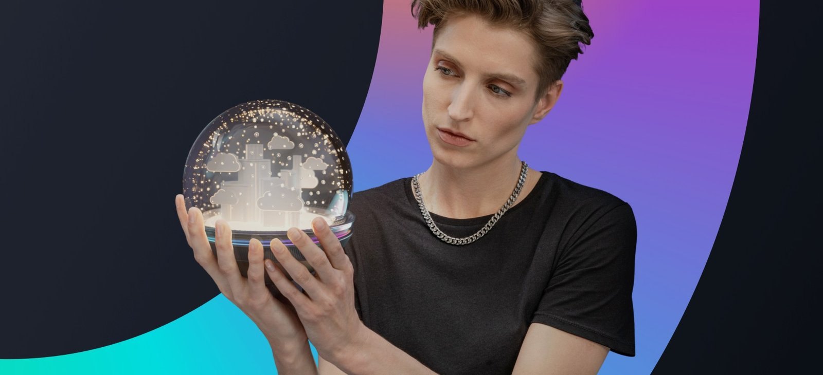 Person holding a glowing snow globe city against a gradient arc