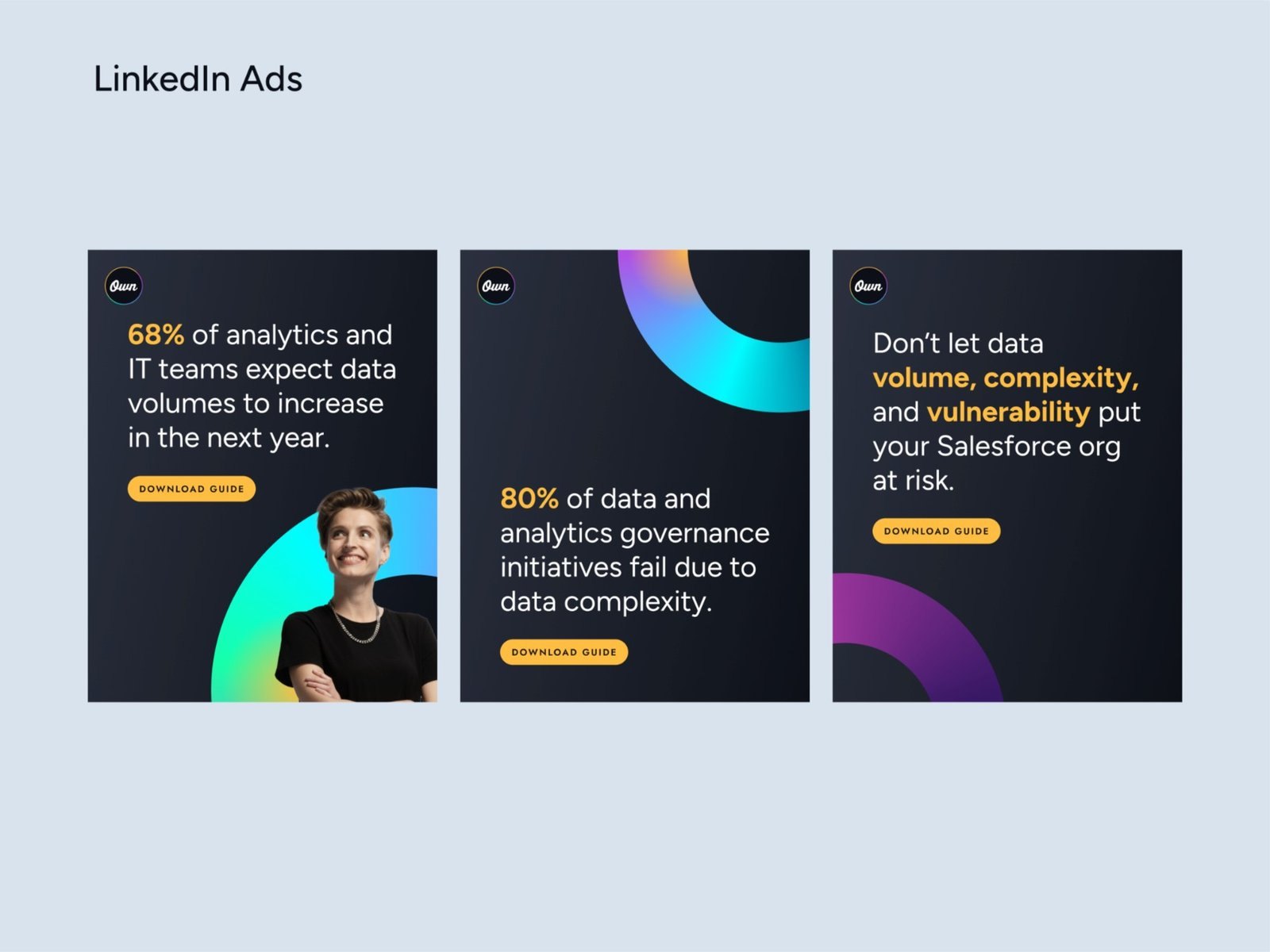 Three LinkedIn ads with data statistics
