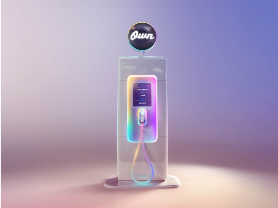 Glowing iridescent data fueling station with the Own logo