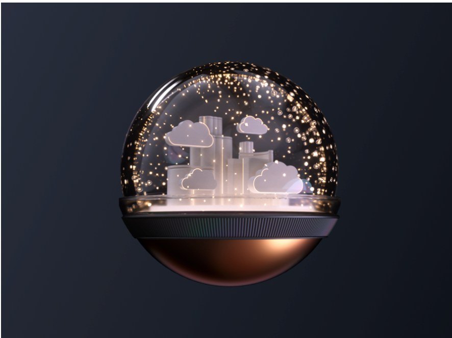 Glass orb holding a glowing cloud city on a dark background