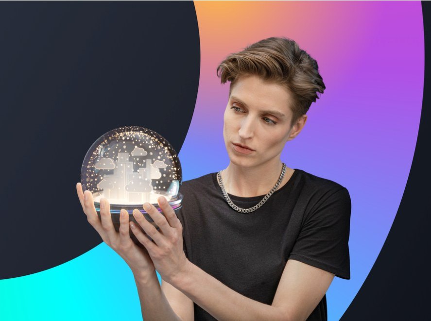 Person holding a glowing snow globe city against a gradient arc